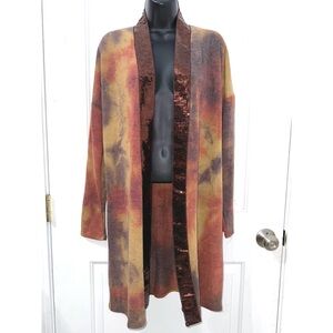Vocal brown tie dye long cardigan with brown sequin trim